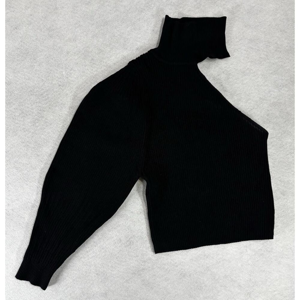 Zara One Shoulder Rib Knit Sweater Black Cropped Turtleneck Balloon Sleeve Small